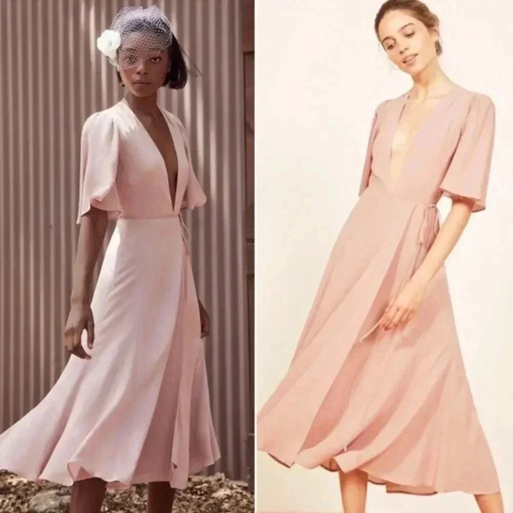 NEW Reformation Rhodes Flutter Sleeve Wrap Midi Dress in Blush Pink Size Large - Picture 1 of 12